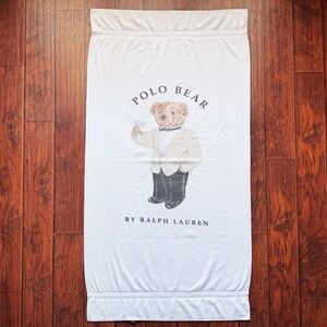 VTG Ralph Lauren Polo Bear Beach Towel White Martini Tuxedo Bear 100% Cotton